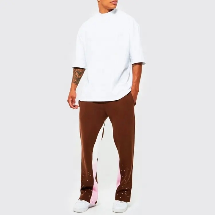 Oem Custom Logo Mens Straight Leg Panel Paint Splatter Flare Jogger Streetwear French Terry Stack Flare Sweatpants For Men