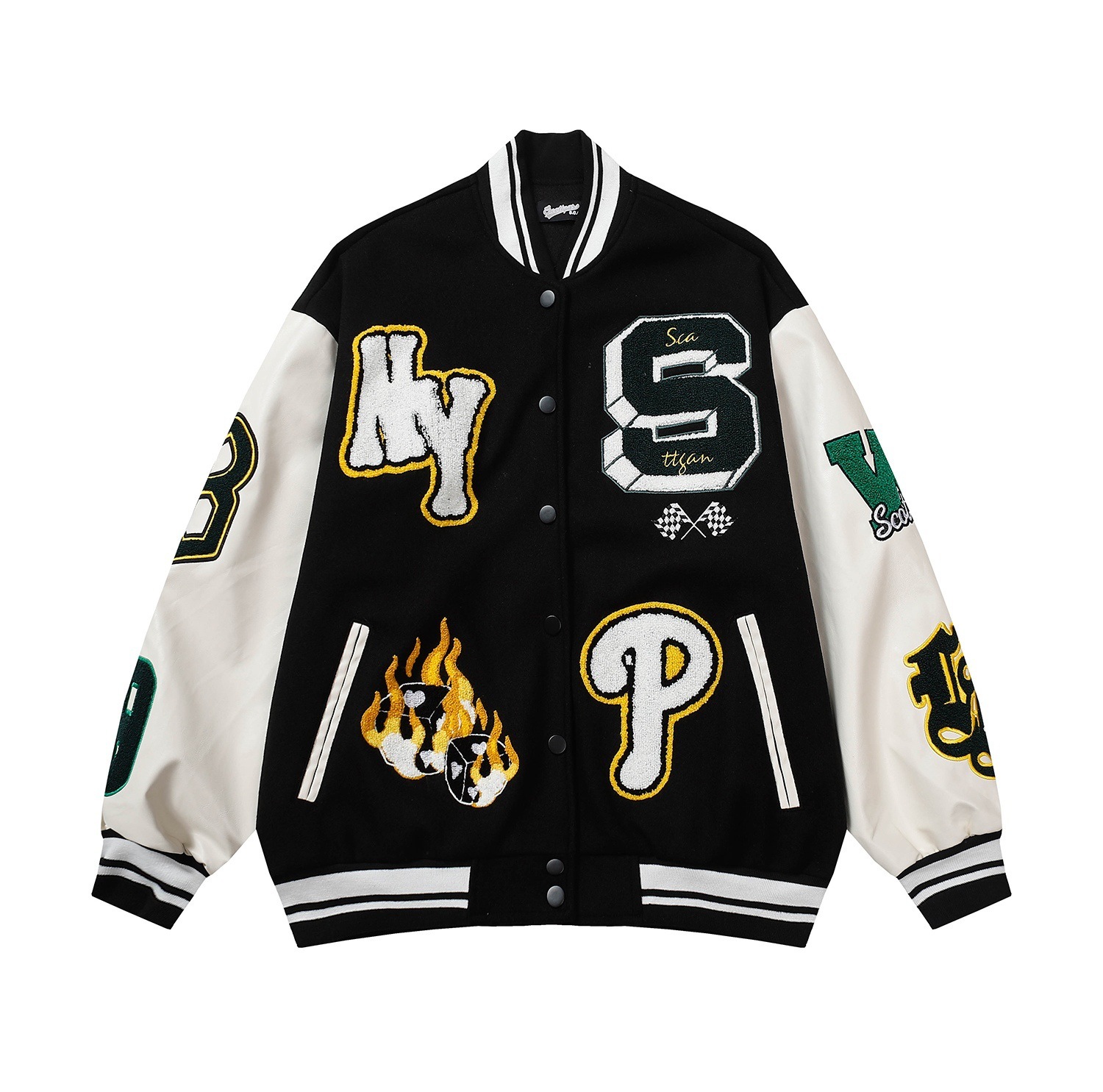 Leather-sleeved woolen baseball uniform, American style patchwork lapel, single-breasted, long-sleeved, unisex