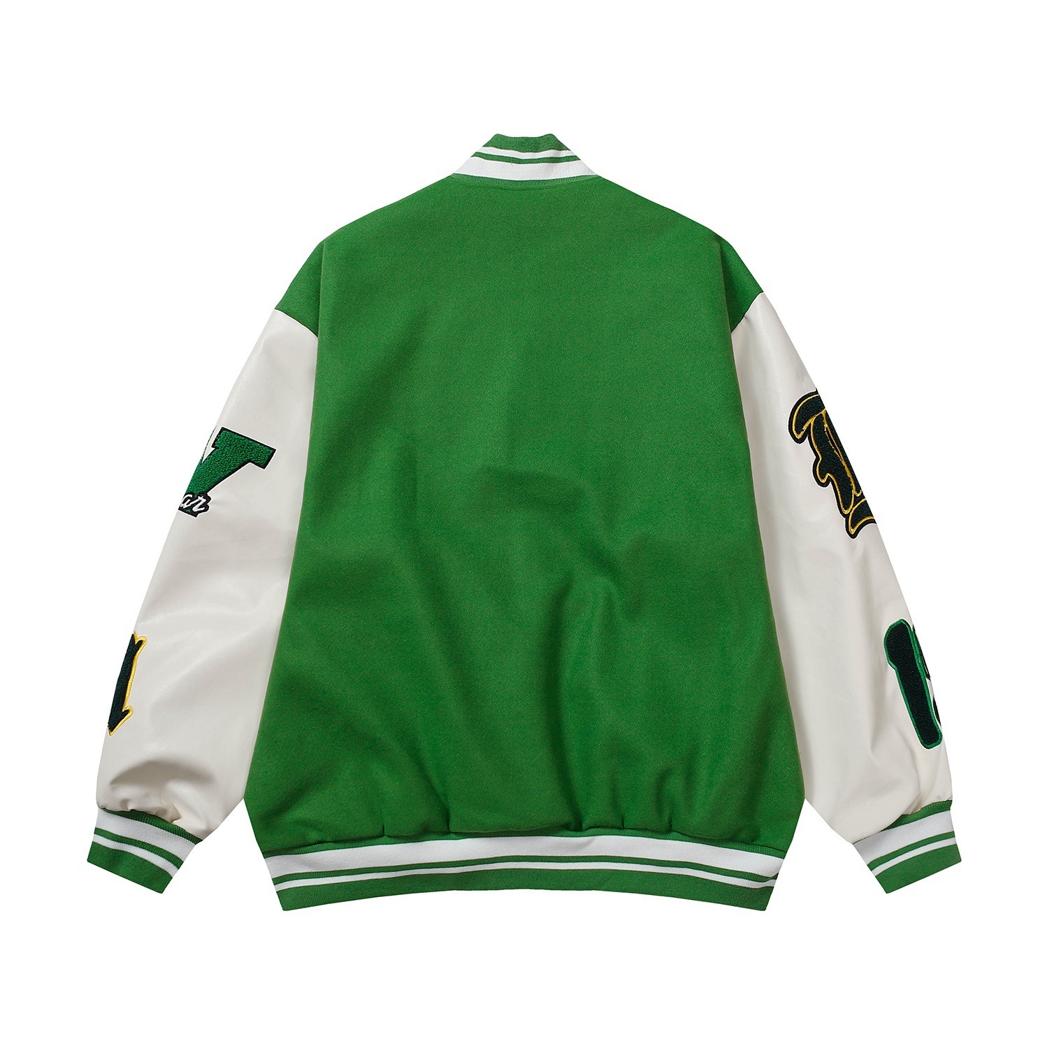 Leather-sleeved woolen baseball uniform, American style patchwork lapel, single-breasted, long-sleeved, unisex