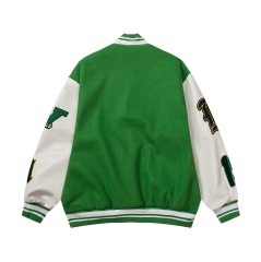 Leather-sleeved woolen baseball uniform, American style patchwork lapel, single-breasted, long-sleeved, unisex