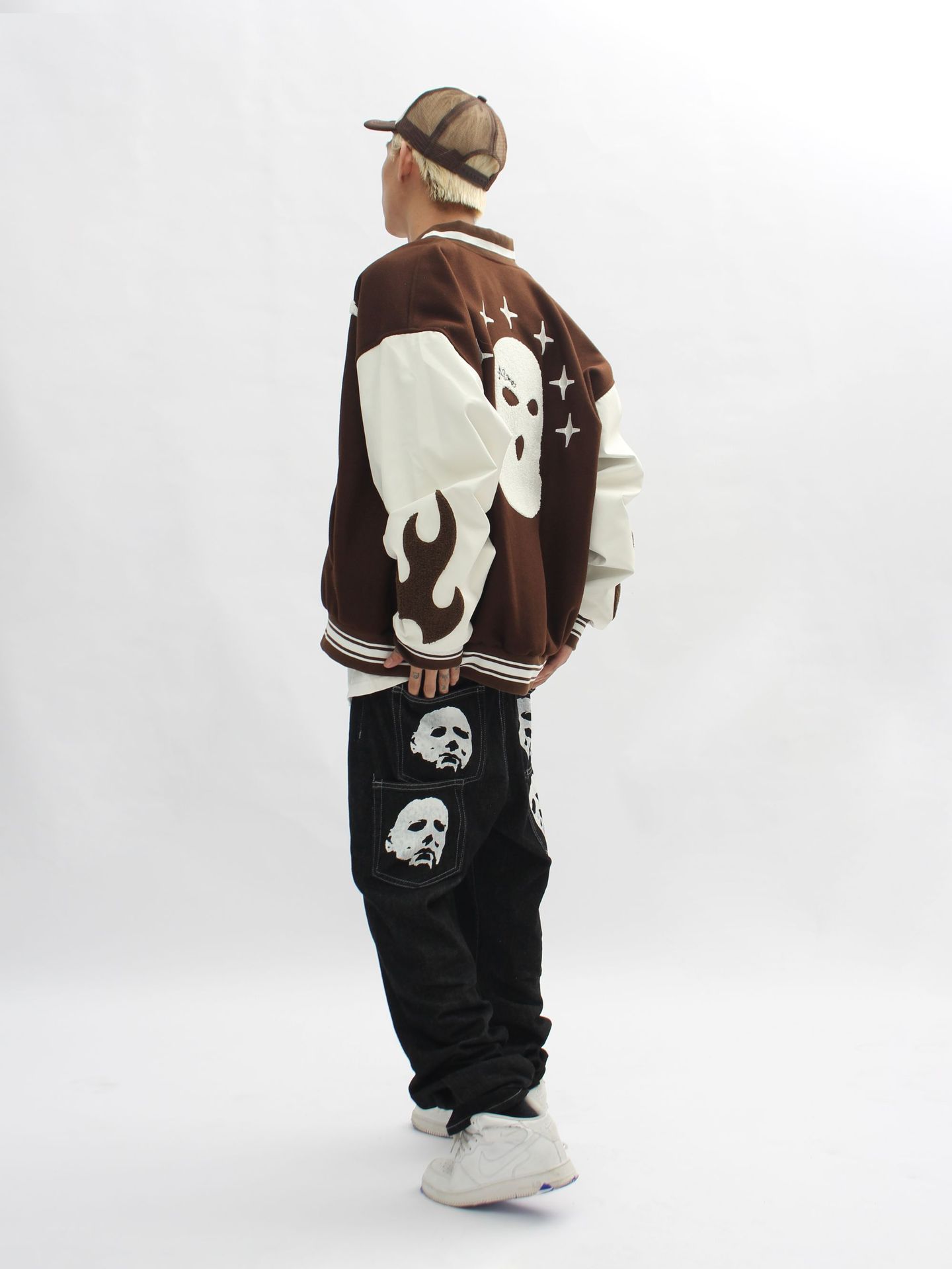 Streetwear masked embroidery stitching PU leather baseball uniform men's autumn and winter loose jacket