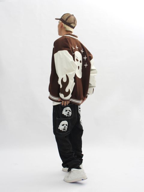 Streetwear masked embroidery stitching PU leather baseball uniform men's autumn and winter loose jacket
