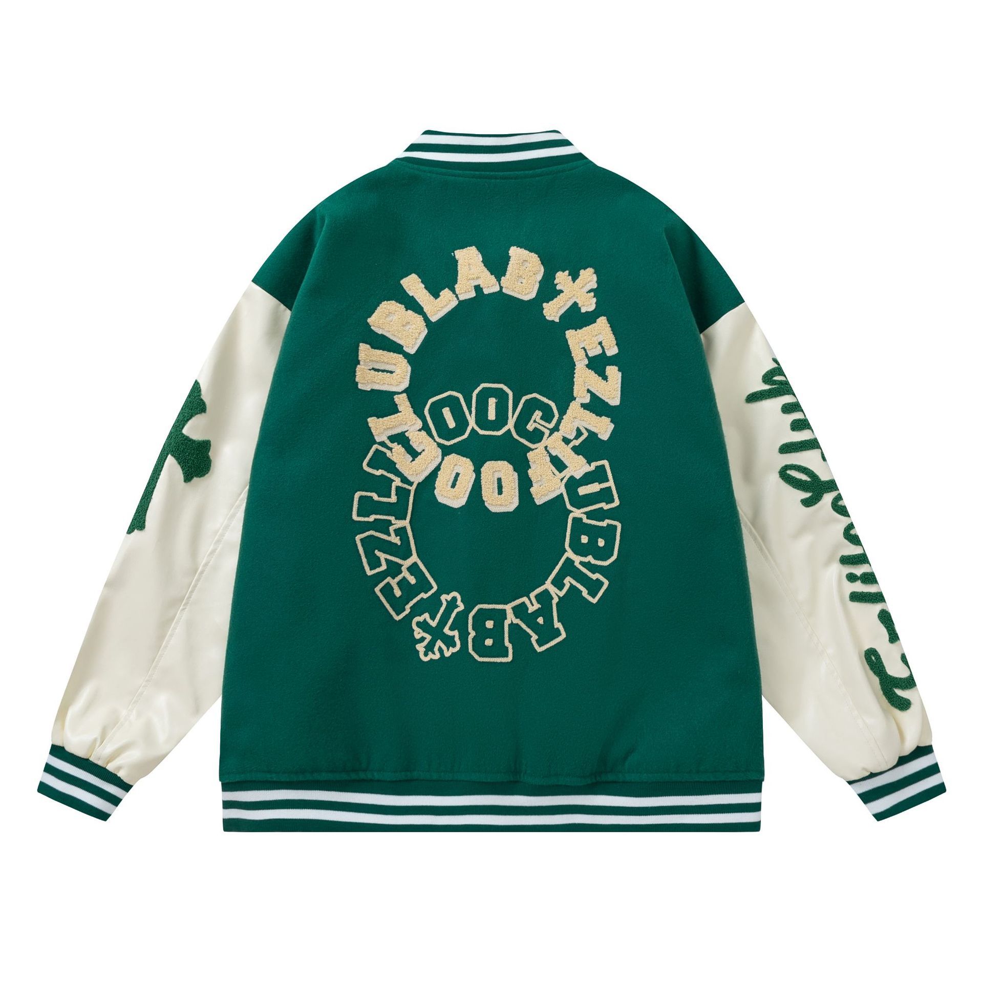 Streetwear towel embroidered lettering patchwork baseball uniform unisex retro loose PU leather jacket