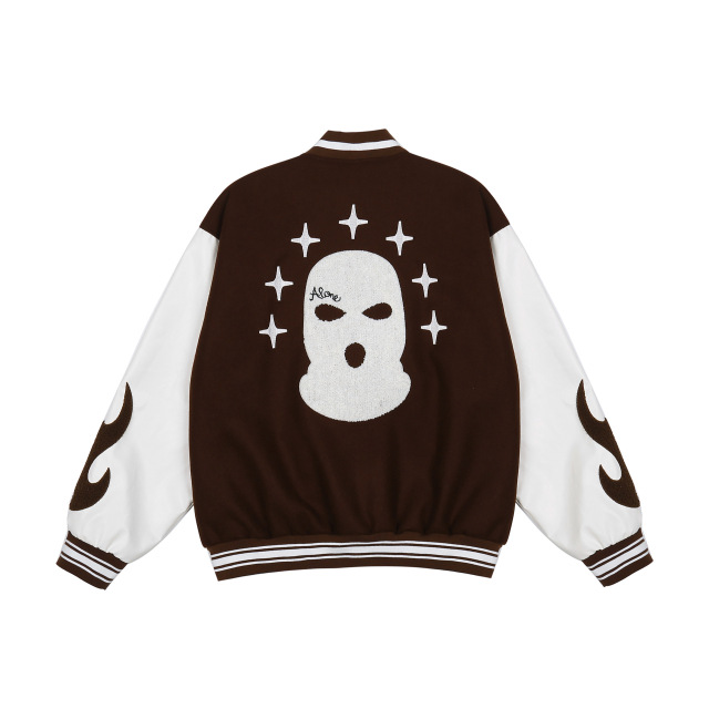 Streetwear masked embroidery stitching PU leather baseball uniform men's autumn and winter loose jacket