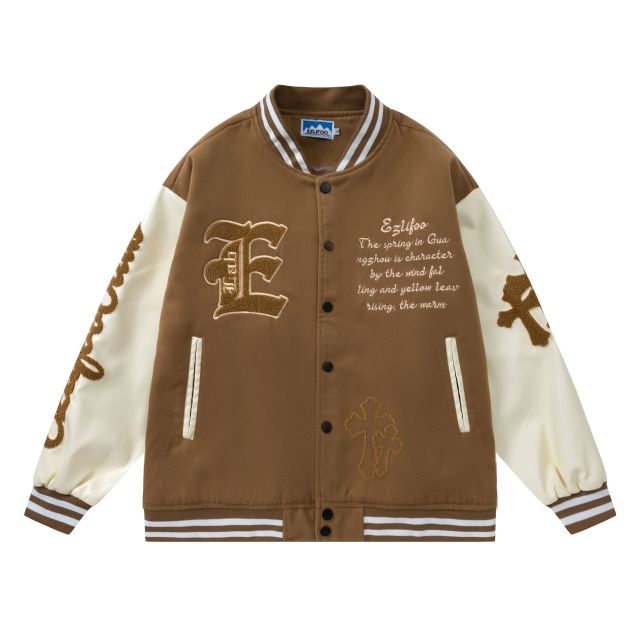Streetwear towel embroidered lettering patchwork baseball uniform unisex retro loose PU leather jacket