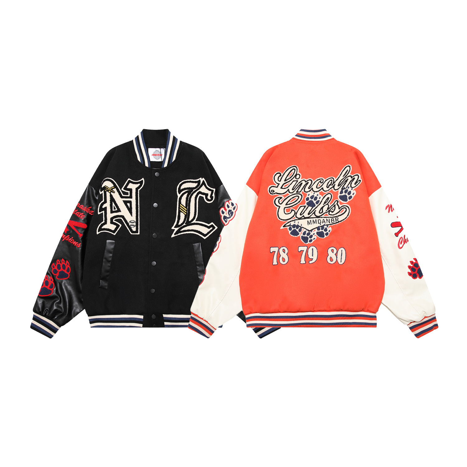 Retro devil patchwork leather flocked embroidery men's and women's hip-hop loose baseball uniform jacket