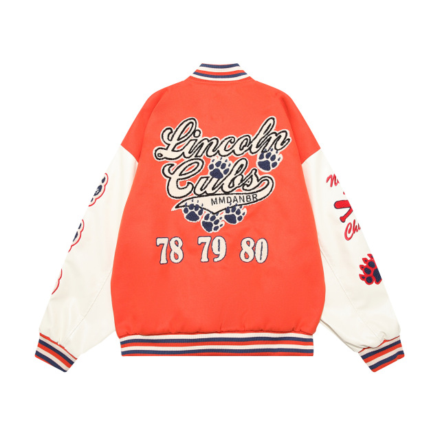 Retro devil patchwork leather flocked embroidery men's and women's hip-hop loose baseball uniform jacket