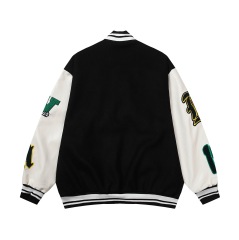 Leather-sleeved woolen baseball uniform, American style patchwork lapel, single-breasted, long-sleeved, unisex