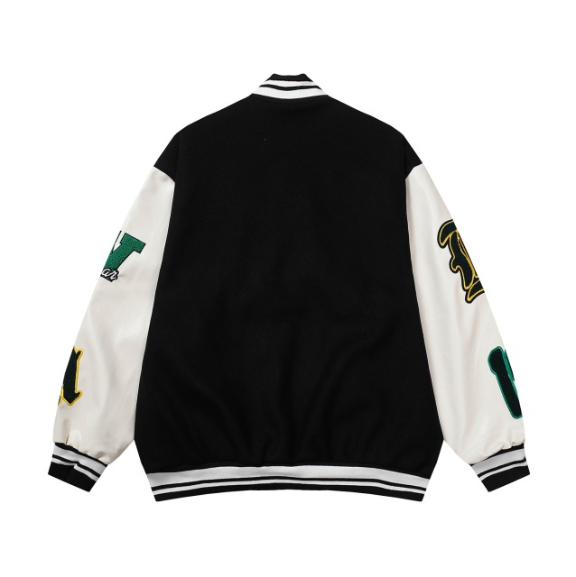 Leather-sleeved woolen baseball uniform, American style patchwork lapel, single-breasted, long-sleeved, unisex