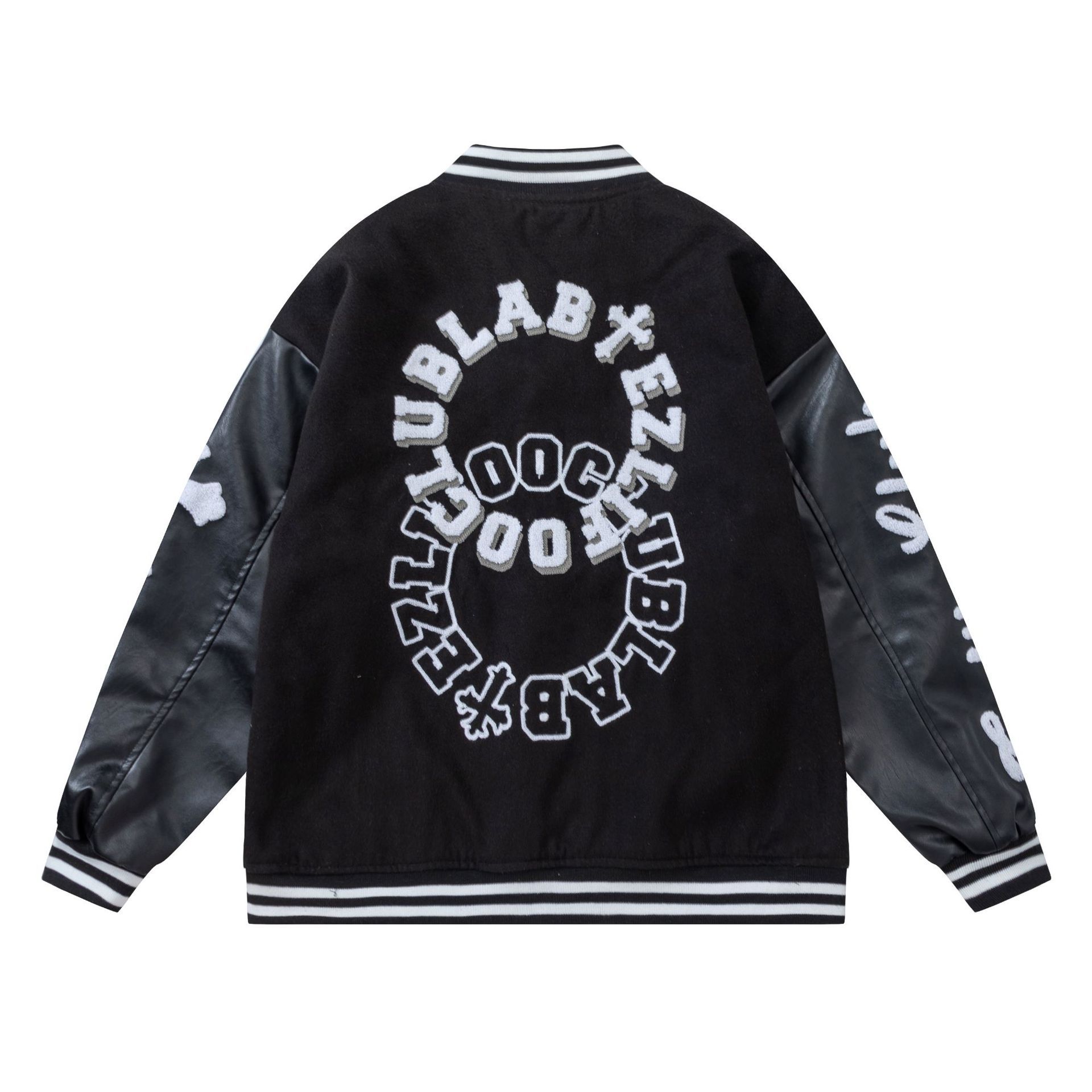 Streetwear towel embroidered lettering patchwork baseball uniform unisex retro loose PU leather jacket