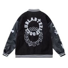 Streetwear towel embroidered lettering patchwork baseball uniform unisex retro loose PU leather jacket
