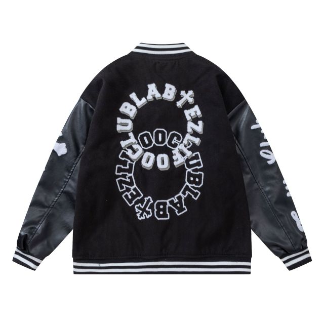Streetwear towel embroidered lettering patchwork baseball uniform unisex retro loose PU leather jacket