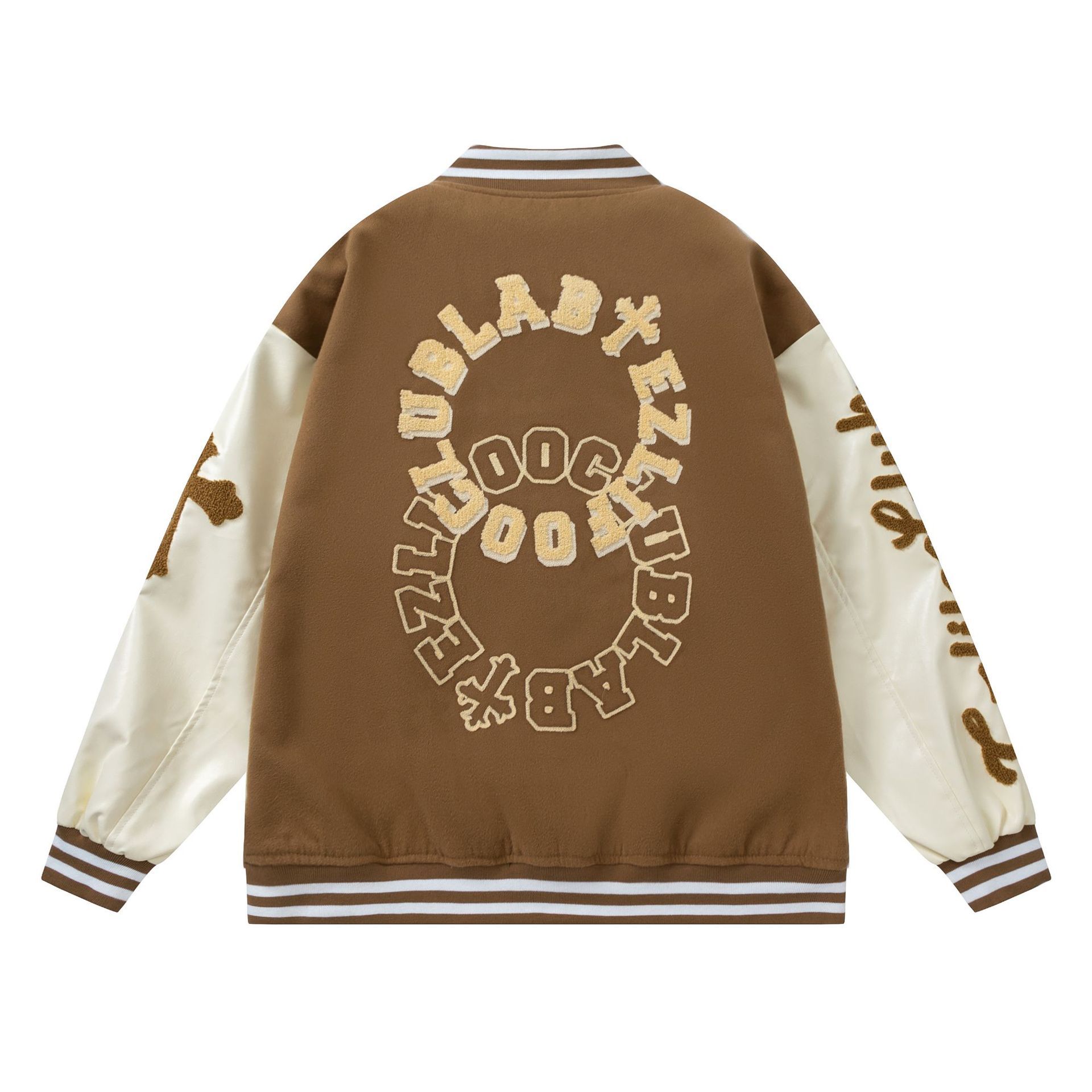 Streetwear towel embroidered lettering patchwork baseball uniform unisex retro loose PU leather jacket
