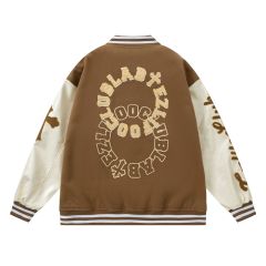 Streetwear towel embroidered lettering patchwork baseball uniform unisex retro loose PU leather jacket