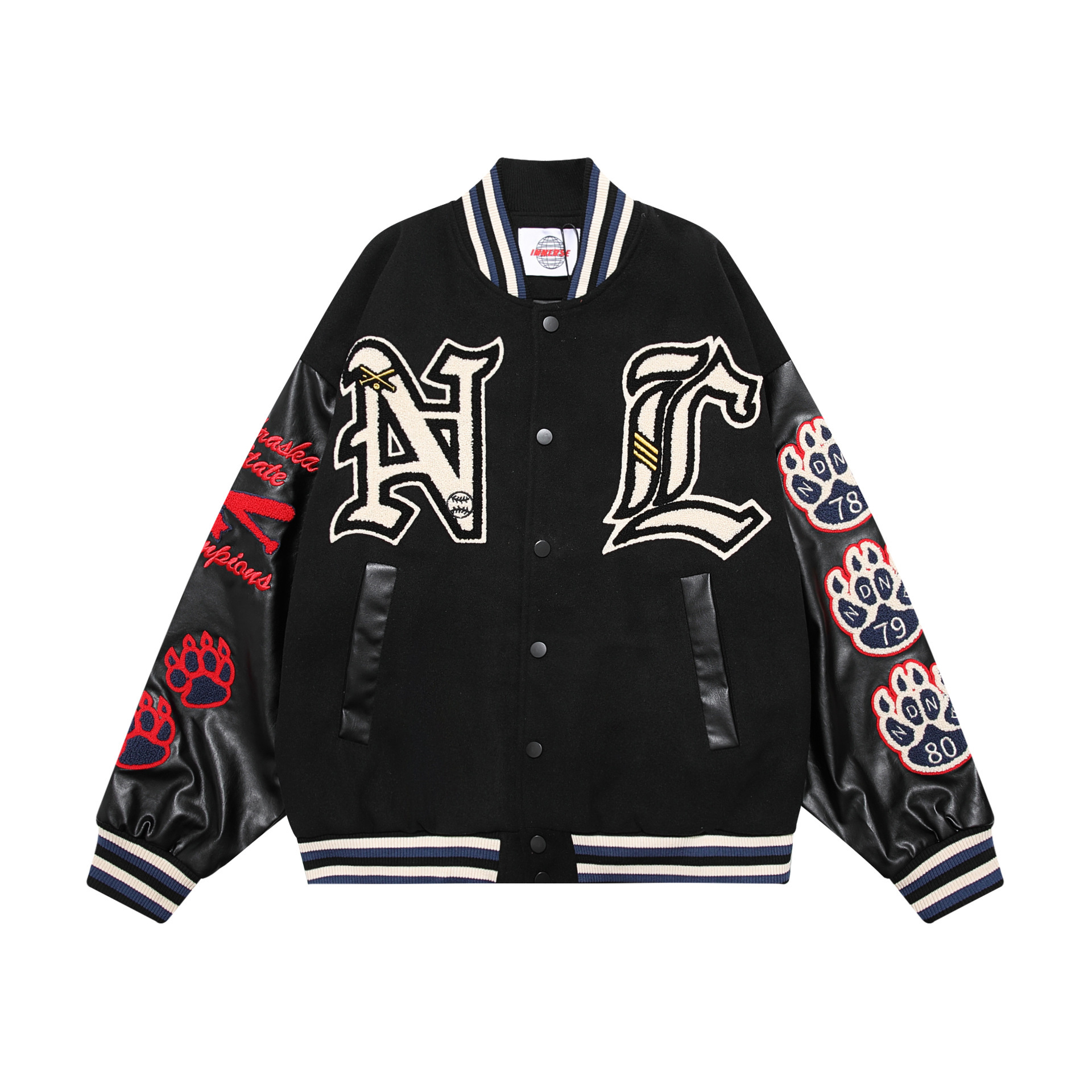 Retro devil patchwork leather flocked embroidery men's and women's hip-hop loose baseball uniform jacket