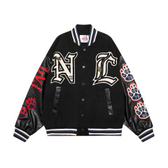 Retro devil patchwork leather flocked embroidery men's and women's hip-hop loose baseball uniform jacket