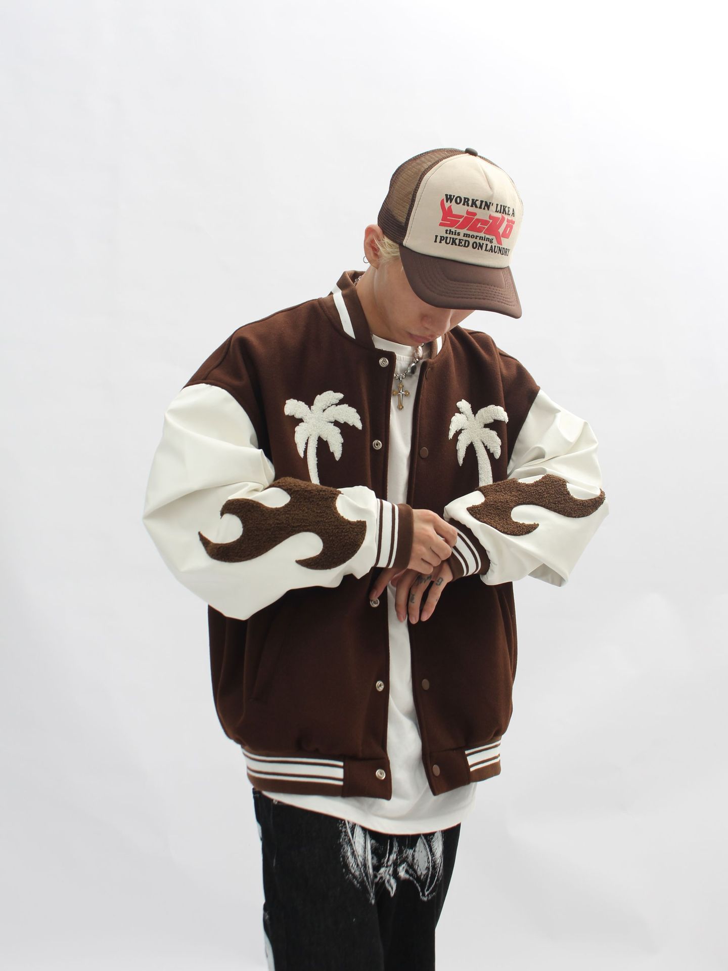 Streetwear masked embroidery stitching PU leather baseball uniform men's autumn and winter loose jacket