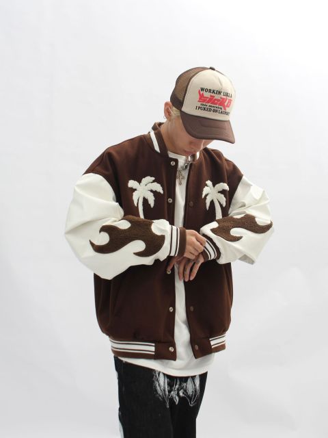 Streetwear masked embroidery stitching PU leather baseball uniform men's autumn and winter loose jacket
