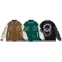 Streetwear towel embroidered lettering patchwork baseball uniform unisex retro loose PU leather jacket