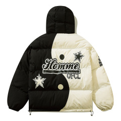 Street wear contrasting color thickened hooded American retro down jacket
