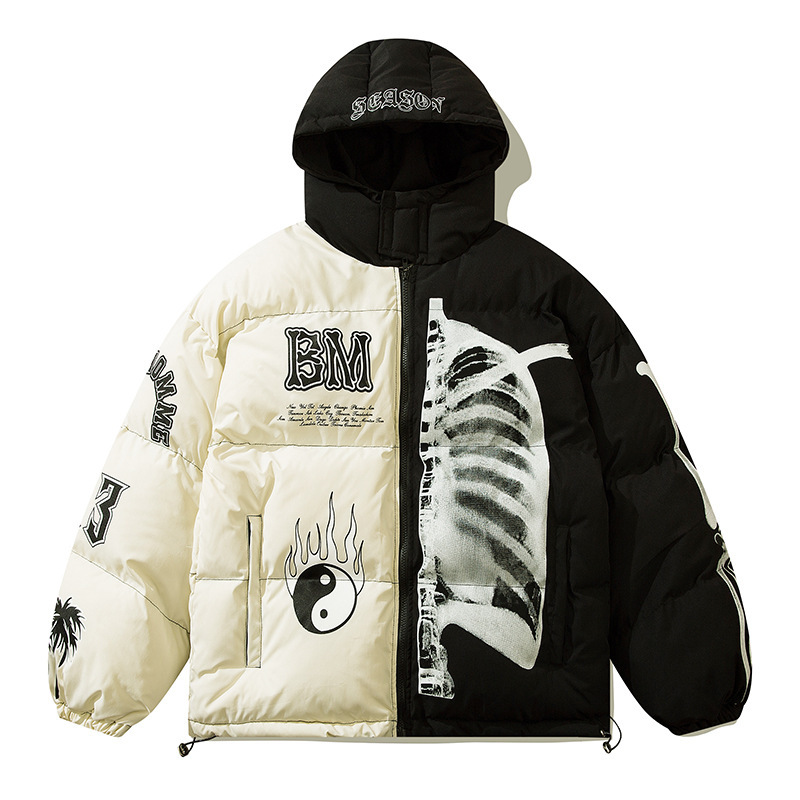 Street wear contrasting color thickened hooded American retro down jacket