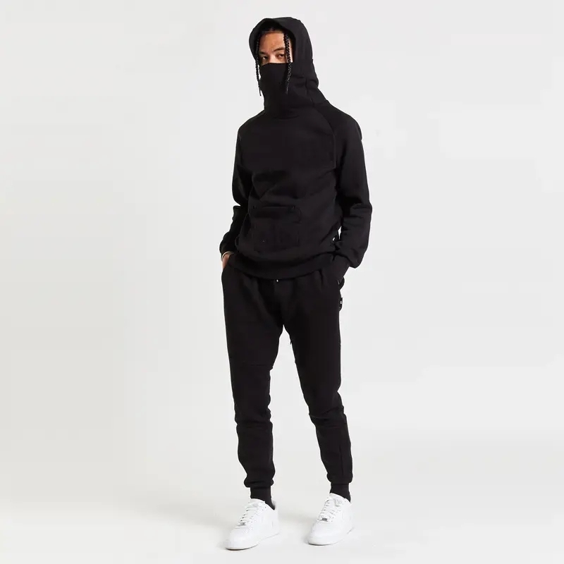 Men's New Design High Collar Trend Hip-hop Sweatshirt Tracksuits Sport Wear Zipper Pocket Hood Sweatsuit 2 Pcs Jogger Set