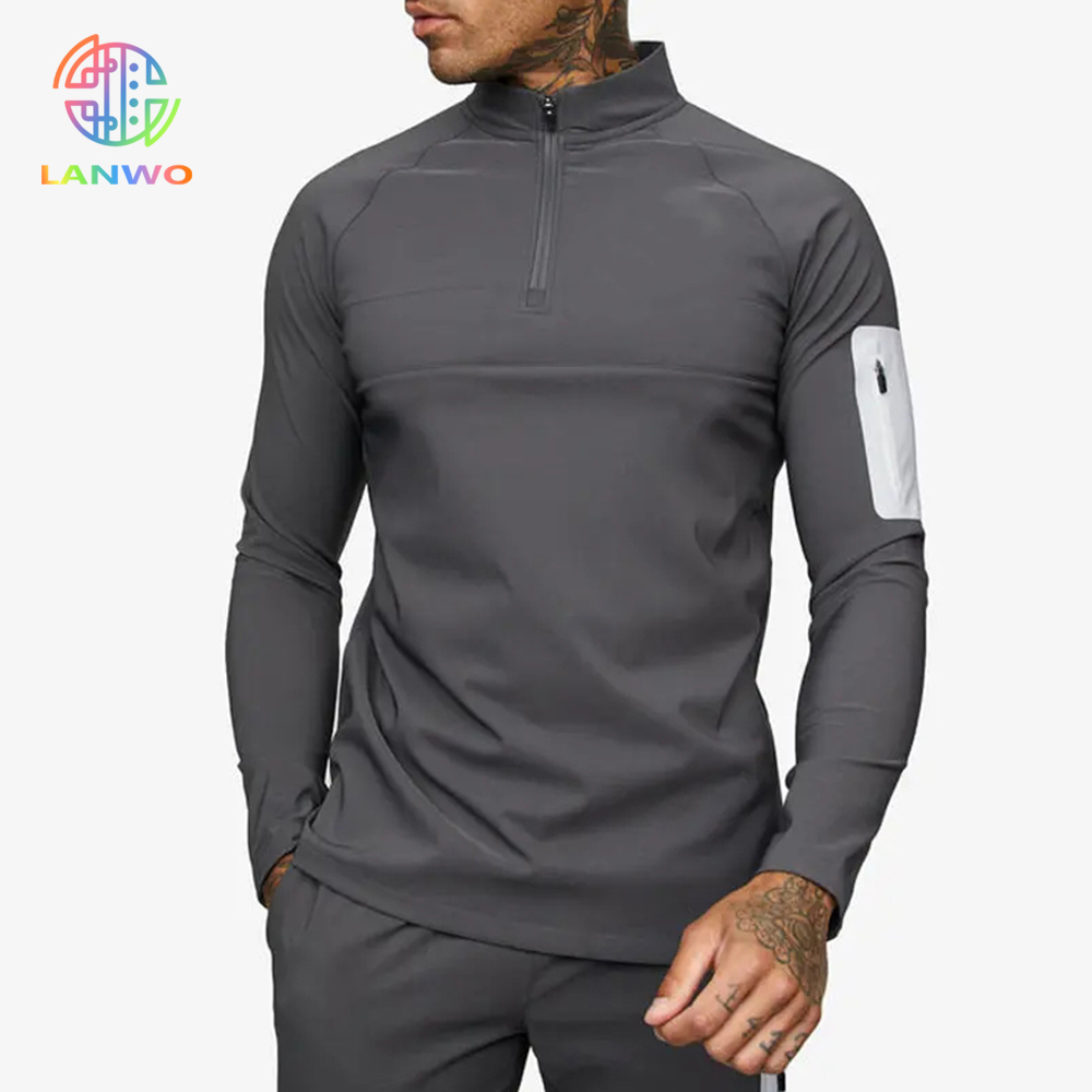 Customize Outdoor Workout Sports Wear Slim Fit 1/4 Quarter Zip Top Long Sleeve Jogging Track Top Men Compression Gym Shirt