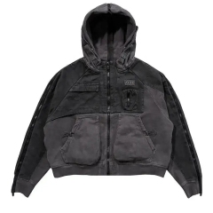 High Quality Cargo Hoodies Multi Pockets Design Side Zip On Sleeves Vintage Acid Washed Full Zip Hoodies For Men