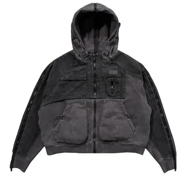 High Quality Cargo Hoodies Multi Pockets Design Side Zip On Sleeves Vintage Acid Washed Full Zip Hoodies For Men