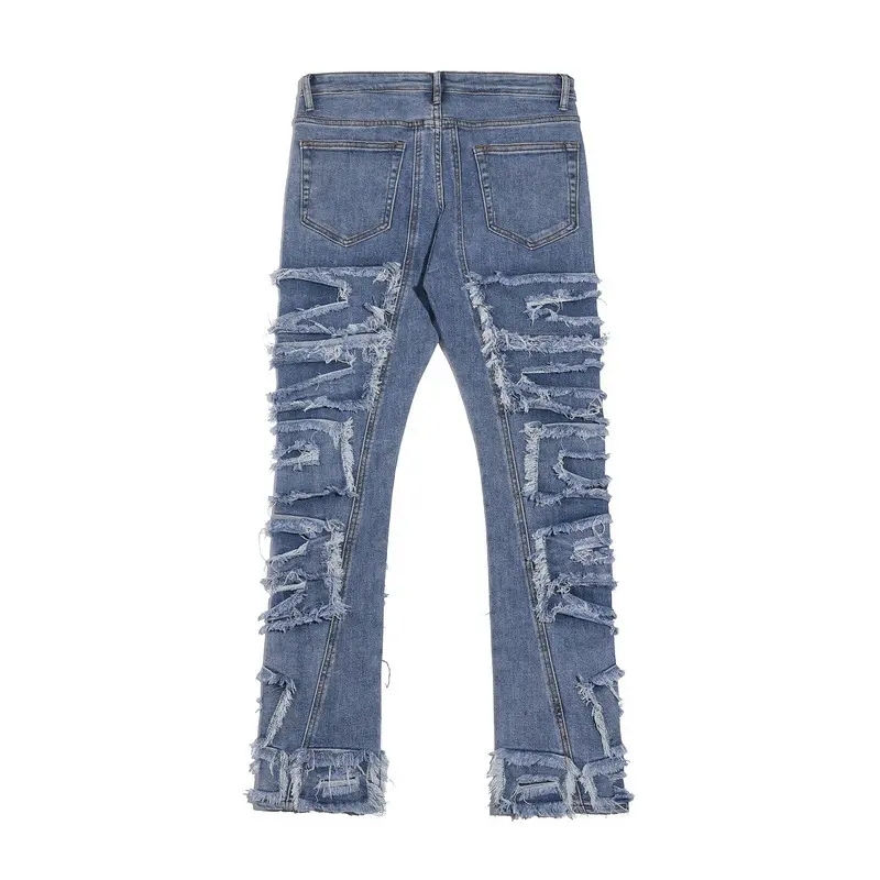 Custom High Street Style Retro Raw Edge Ripped Hip Hop Streetwear Jeans Cargo Pants For Men