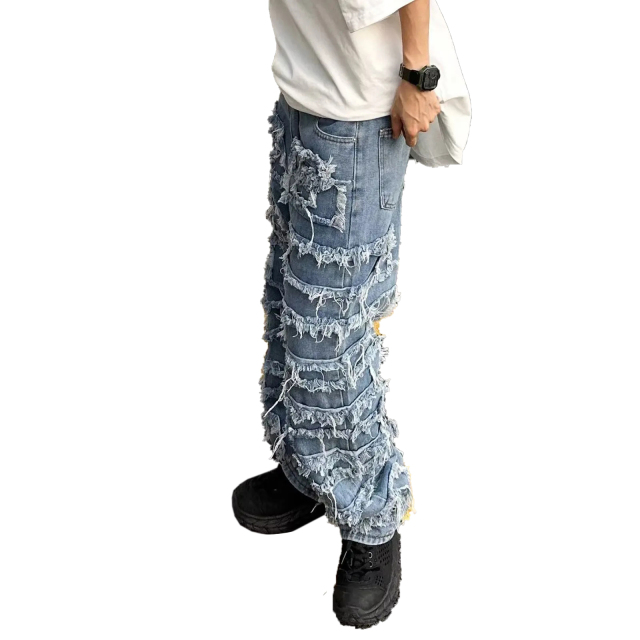 Custom High Street Style Retro Raw Edge Ripped Hip Hop Streetwear Jeans Cargo Pants For Men