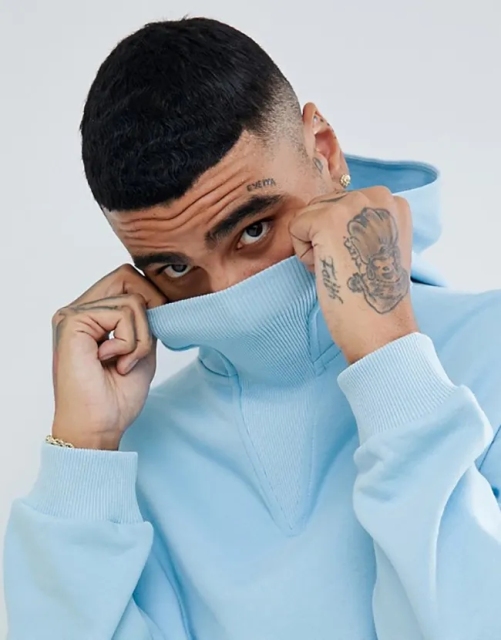 Custom Oem Design Men Turtleneck Hoodies Pullover Sky Blue Hoodies