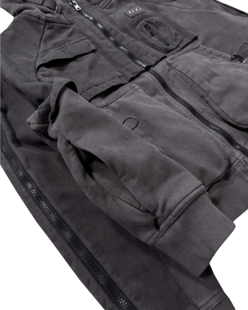 High Quality Cargo Hoodies Multi Pockets Design Side Zip On Sleeves Vintage Acid Washed Full Zip Hoodies For Men
