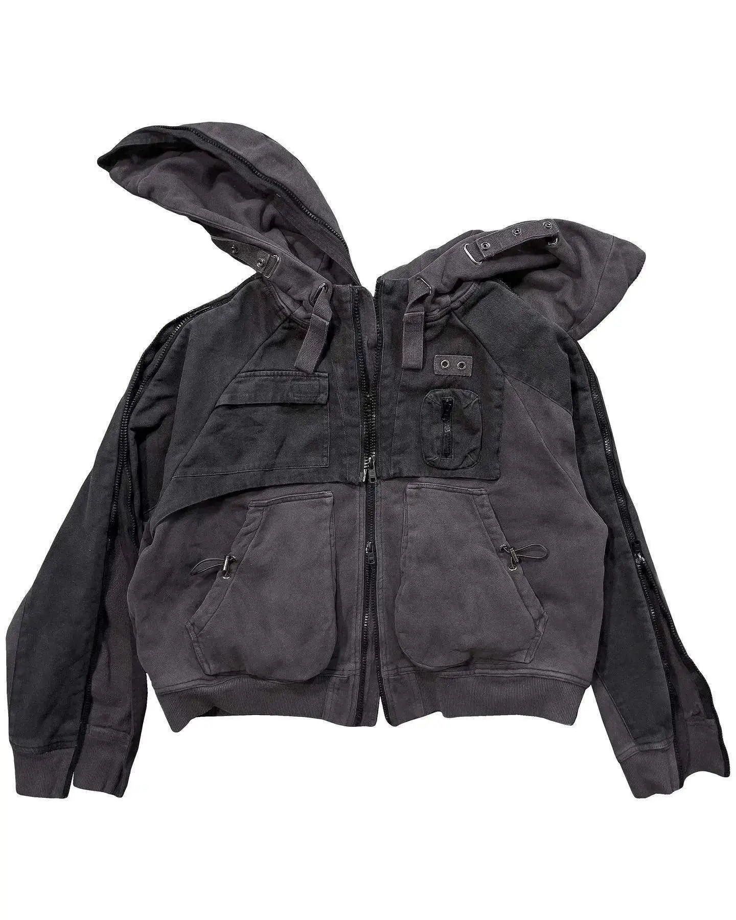 High Quality Cargo Hoodies Multi Pockets Design Side Zip On Sleeves Vintage Acid Washed Full Zip Hoodies For Men
