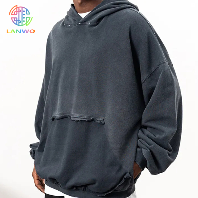Men High Quality Acid Wash Heavyweight Streetwear Heavy Cotton Pullover Custom Drop Shoulder Fleece Oversized Hoodie