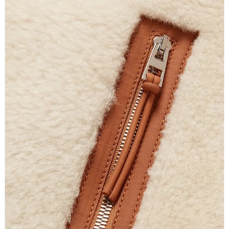 Oem New Fashion Cream And Brown Leather Trimmed Mens Shearling Jacket Drawstring Collar And Hem Outwear Fleece Jackets For Man