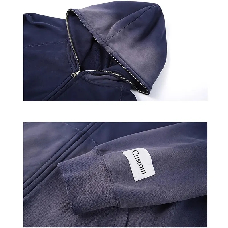 Street Style Vintage Distressed Acid Wash Zip Up Hoodie Fleece Cotton Terry Acid Wash Custom Zip Up Hoodie For Men