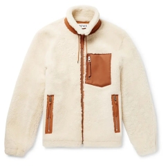 Oem New Fashion Cream And Brown Leather Trimmed Mens Shearling Jacket Drawstring Collar And Hem Outwear Fleece Jackets For Man