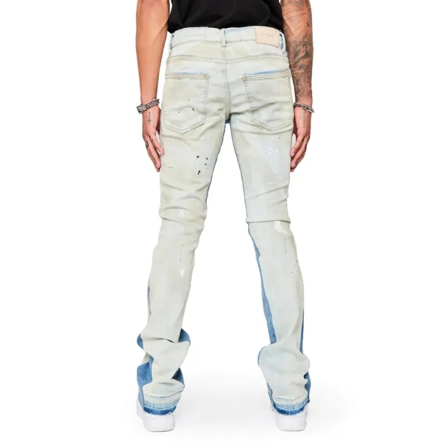 High Quality Men's Distress Hole Flare Fit White Blue Denim Pants Custom Jeans Pants For Men
