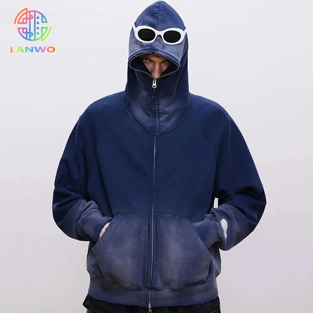 Street Style Vintage Distressed Acid Wash Zip Up Hoodie Fleece Cotton Terry Acid Wash Custom Zip Up Hoodie For Men