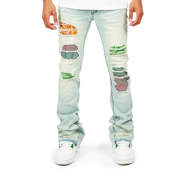 Custom Private Label Custom Distressed Ripped Men's Layered Jeans Men's Long Jeans