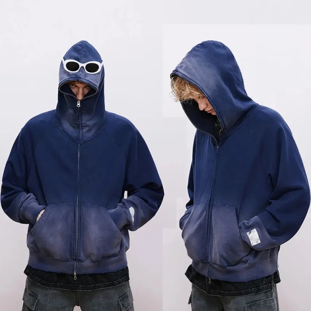 Street Style Vintage Distressed Acid Wash Zip Up Hoodie Fleece Cotton Terry Acid Wash Custom Zip Up Hoodie For Men