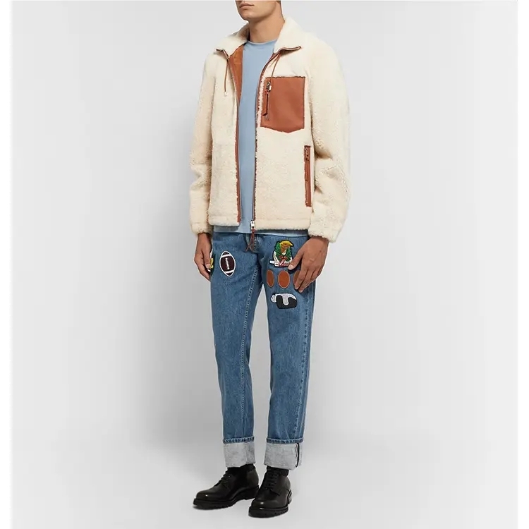 Oem New Fashion Cream And Brown Leather Trimmed Mens Shearling Jacket Drawstring Collar And Hem Outwear Fleece Jackets For Man