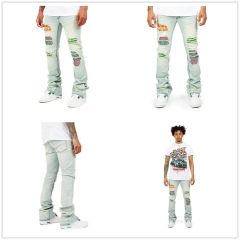 Custom Private Label Custom Distressed Ripped Men's Layered Jeans Men's Long Jeans