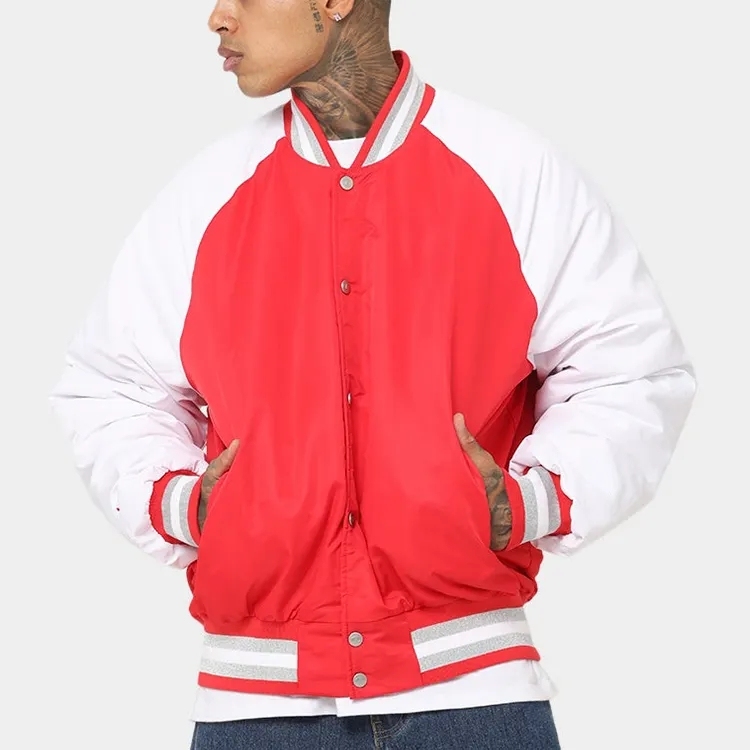 Boxy Fit Crew Neck Full Button Varsity Jacket Nylon Custom Patch Embroidery Logo Oversized Letterman Jacket For Factory
