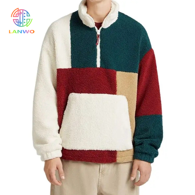 Fleece Jackets Men Color Block Jackets Half Zip Placket Men Sherpa Fleece Jackets