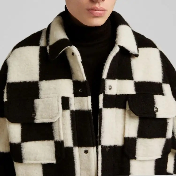 Plaid Pattern Men Wool Jackets Customized Logo Men Winter Jackets 100% Polyester