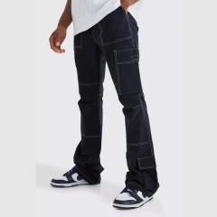 Streetwear Custom Elastic Waist Slim Flare Contrast Stitch Wide Leg Cargo Pants Men