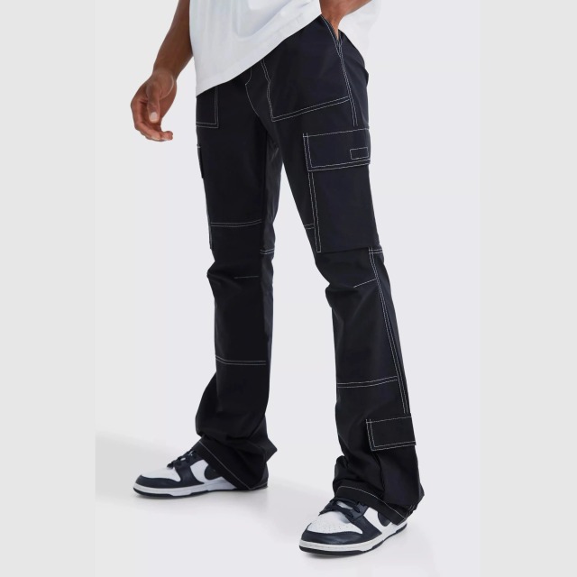 Streetwear Custom Elastic Waist Slim Flare Contrast Stitch Wide Leg Cargo Pants Men