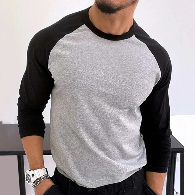 Custom High Quality Men's Crew Neck Long Sleeve T-shirt 100% Cotton Blank Patchwork Long Sleeve T-shirt For Men